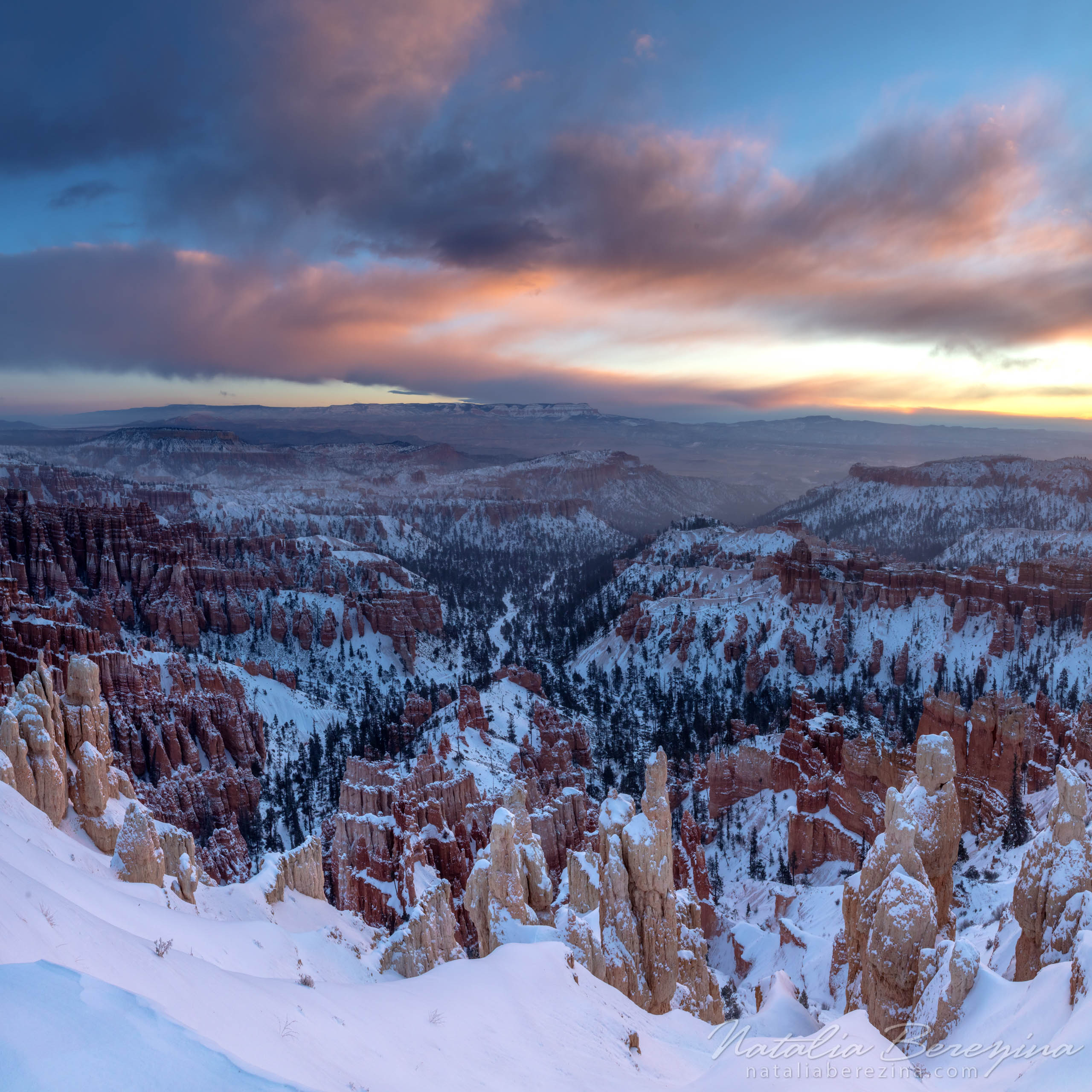 Bryce Canyon, USA, landscape, mountains, sunrise, snow, cloud, stone, orange, sky, 1x1 BC2-NB0B4A4876 - Bryce Canyon National Park, Utah, USA - Natalia Berezina Photography