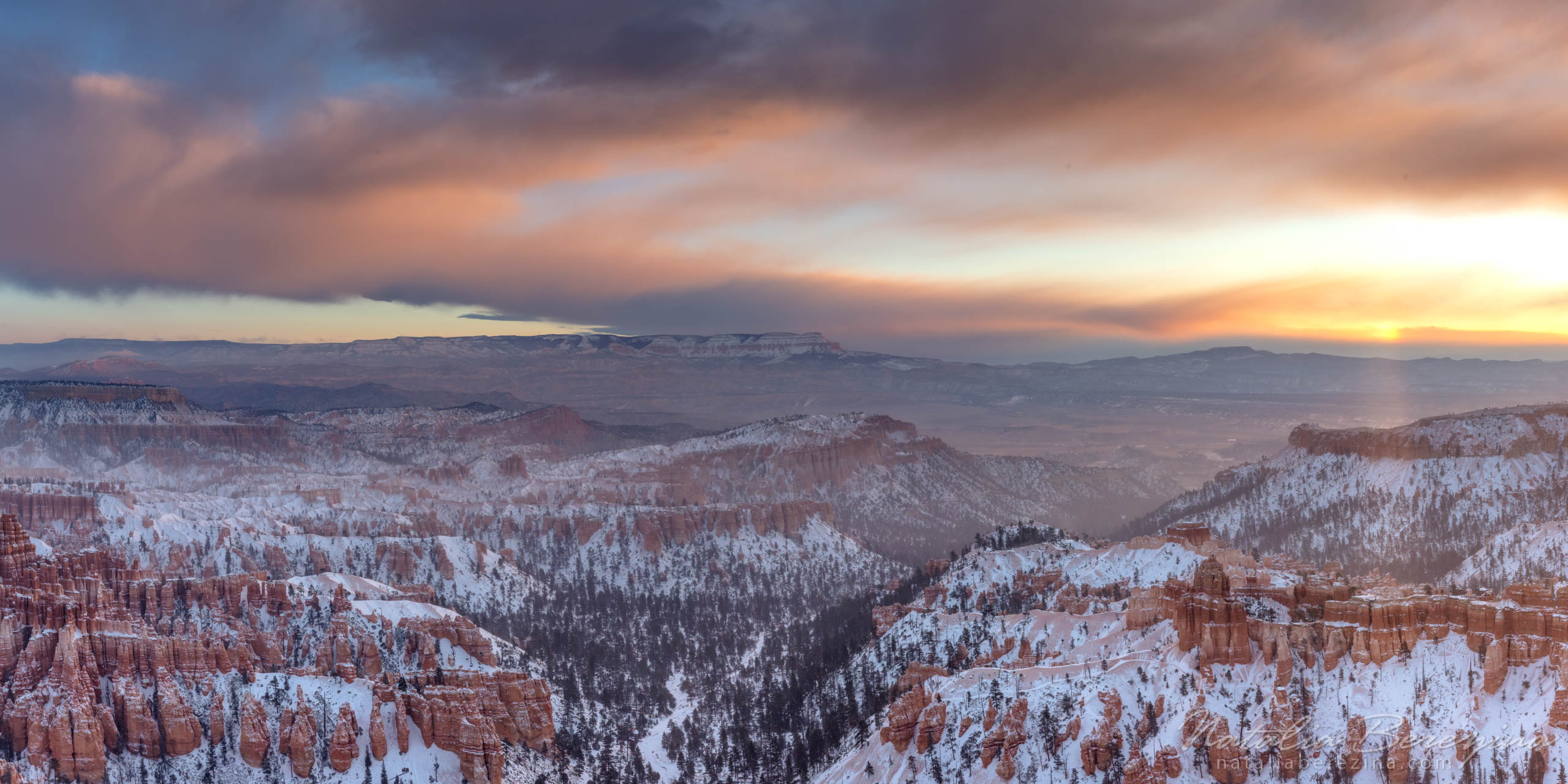 Bryce Canyon, USA, landscape, mountains, sunrise, snow, stone, cloud, orange, rainbow, halo, sky, 2x1 BC2-NB0B4A4878-P - Bryce Canyon National Park, Utah, USA - Natalia Berezina Photography