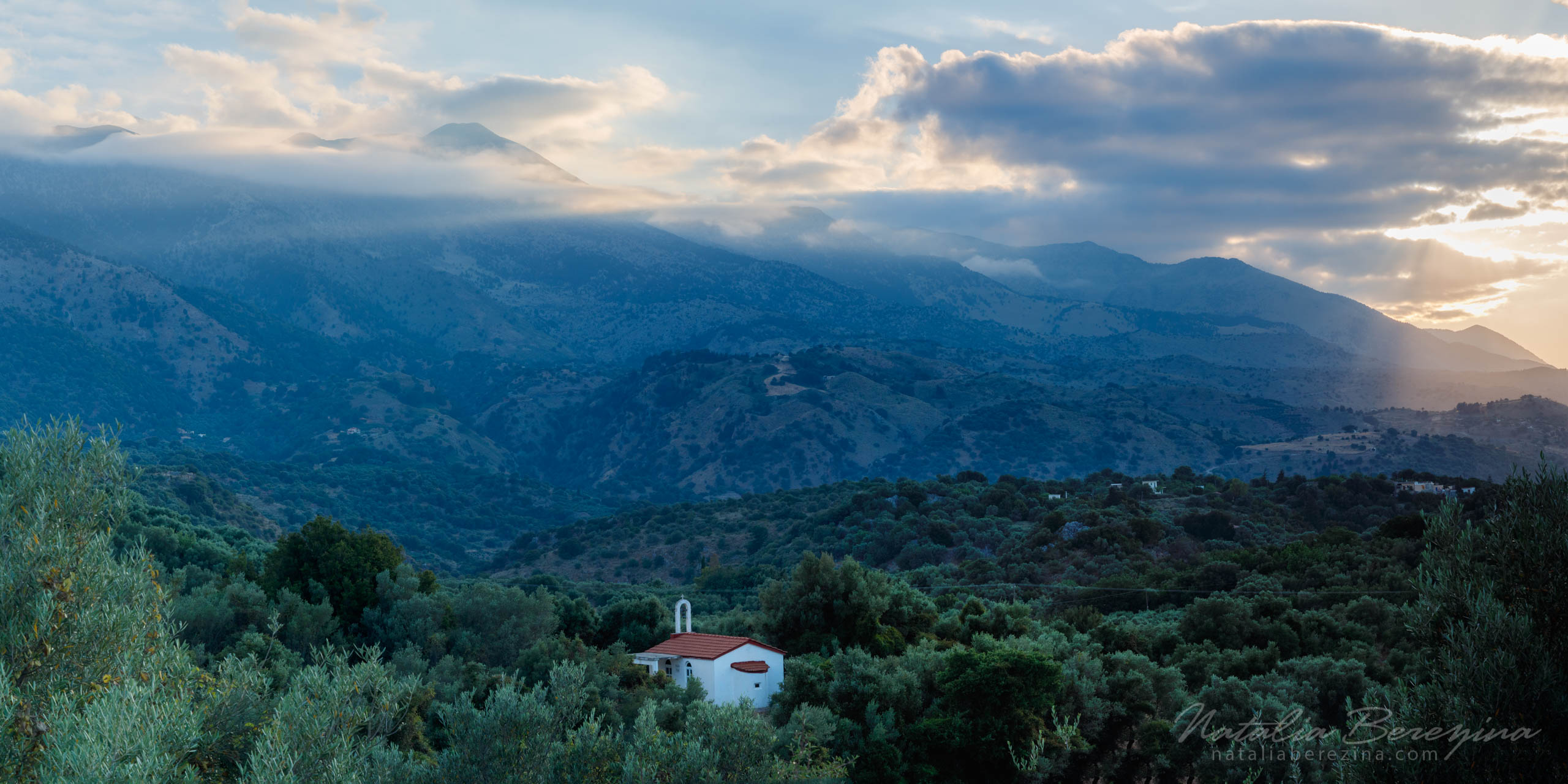 Greece, Crete, landscape, cloud, sunset, sunlight, church, 2x1 CR1-NB7B6A8609-P - Crete, Greece - Natalia Berezina Photography