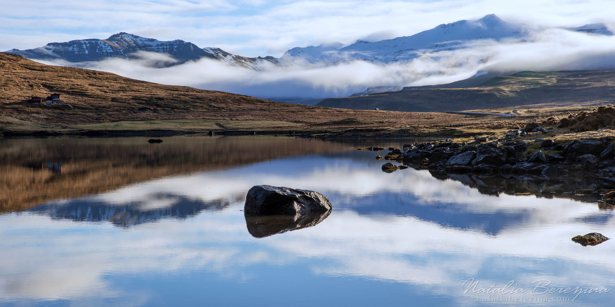Iceland, landscape, reflection, mountains, stone, cloud, 2x1 IC1-NBDK1U2156-P - Iceland - Natalia Berezina Photography