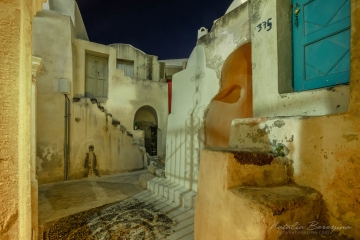 Santorini,-Greece,-Emporio-cityscape,-geometry,-night-time