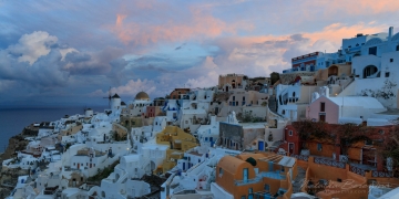 Santorini-(Thira),-Cyclades,-Greece,-cityscape,-pink,-clouds,-mill,-2x1