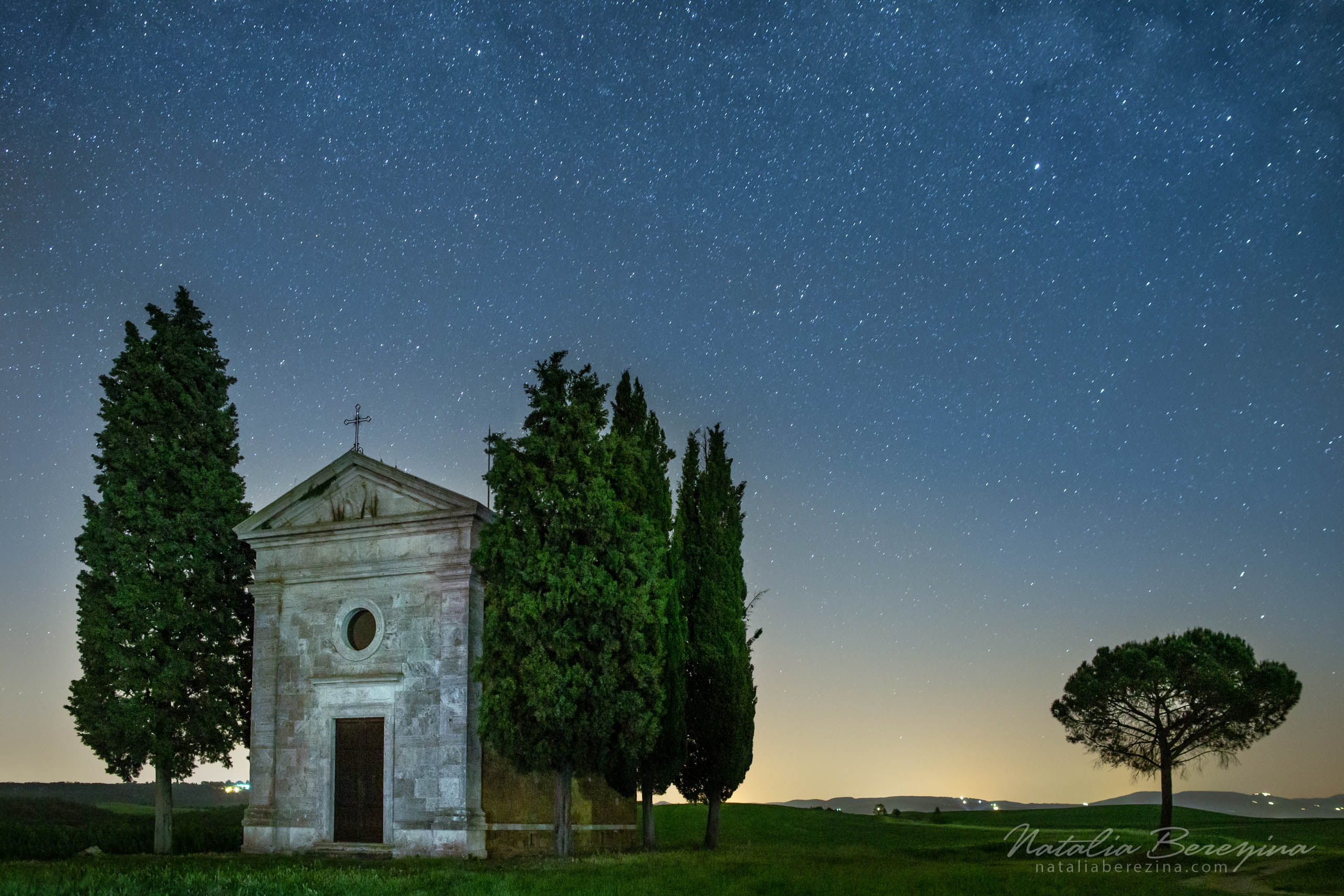Tuscany, Italy, cityscape, star, night time, Milky way, tree, church TU1-NBDK1U2051 - Tuscany, Italy - Natalia Berezina Photography